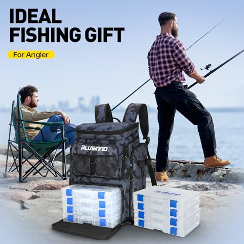 PLUSINNO Fishing Tackle Backpack with Rod Holders，42L Water-resistant Fishing Bag Store Fishing Gear,Fishing Gifts For Men. - color: Black Camo（4 Tackle Boxes Included）