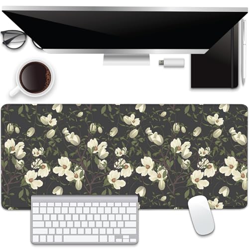 Magnolia Flowers Desk Pad Mouse Pad,Large Floral Mouse Mat with Stitched Edges,Non-Slip Rubber Base Black Mousepad for Office PC Keyboard Laptop and Home Work Desk Mat(27.5X11.8 in) - color: White flowers