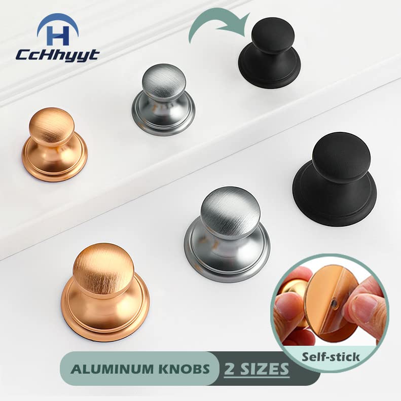 6 Pack Self-Stick Knobs Brushed Brass Self-Adhesive Drawer Knobs Aluminum No Drilling Cabinet Handle Pull with Adhesive Stick On Handle for Cupboard Fridge Dresser Window 6pcs (Black, 1-1/10")