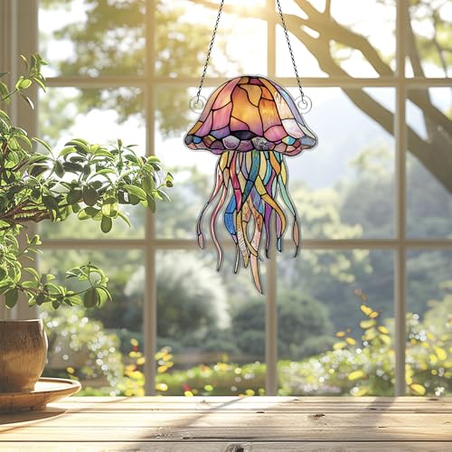 Jellyfish Ornaments Decor for Window Hanging, Jellyfish Lover Gifts for Women Men, Sea Animal Home Wall Room Decorations, Christmas 2D Flat Acrylic Ornamnet - size: 4in