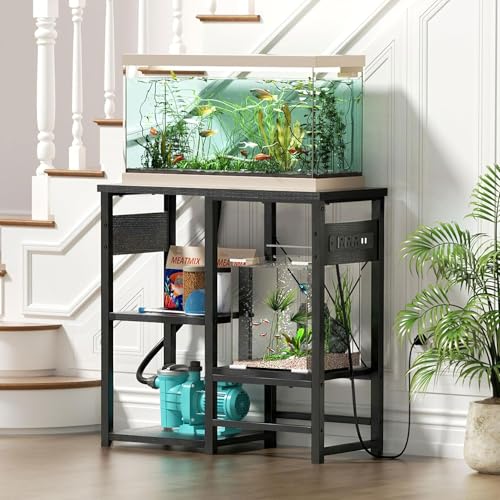 GRLEAF 20-30 Gallon Fish Tank Stand with Power Outlets, 4 Tier Metal Aquarium Stand with Wood Storage Shelves, 30.7" L x 13.8" W x 30.3" H Turtle Reptile Fish Tank Table Aquarium Table - Black - size: 20-30 Gallon