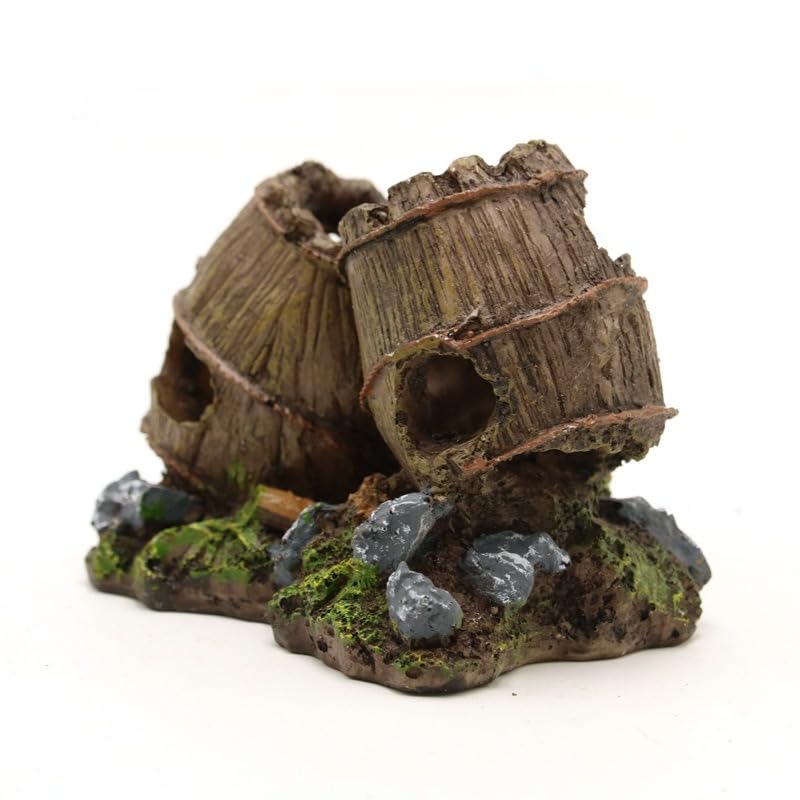 Resin Broken Barrel Aquarium Decoration, Fish Tank Ornament with Moss and Rocks, 10x8x9cm