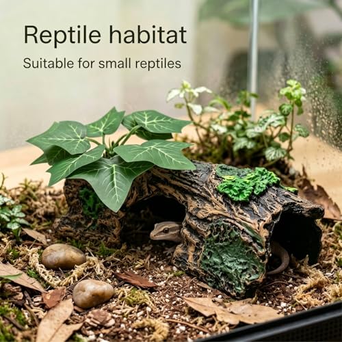Resin Hollow Tree Trunk Aquarium Decor, Betta Fish Tank Accessories, Reptile Hide for Small Fish to Hide and Rest (Grape Leaves)
