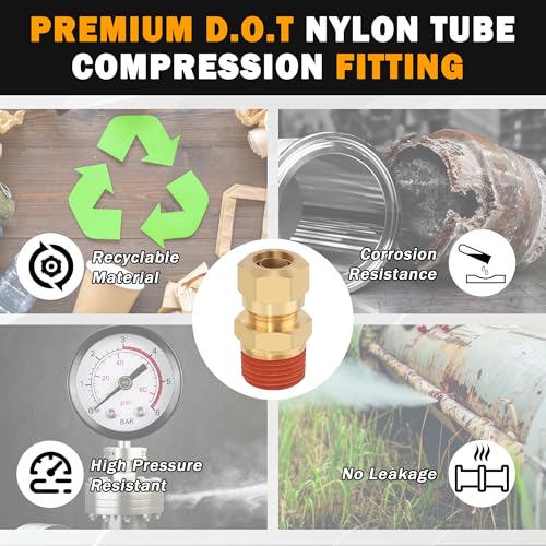 5PCS D.O.T Brass Compression Straight Union Fittings, 1/4" Tube OD x 1/8" NPT Thread Air Compression Union Nylon Tubing for Truck Airlines and Industrials - size: 1/4" OD x 1/8" NPT, style: Straight Male NPT Thread-5PCS