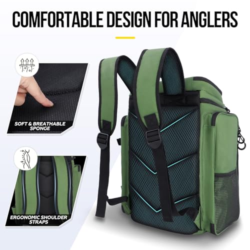 PLUSINNO Fishing Tackle Backpack with Rod Holders，42L Water-resistant Fishing Bag Store Fishing Gear,Fishing Gifts For Men. - color: Green