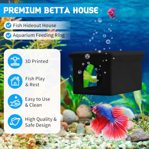 Floating Betta Fish Hammock Cave House for Aquarium, 3D Printed Betta Shrimp Feeder & Hideout Cave Toys, Small Aquarium Feeding Ring Decor, Turtle Fish Tank Decorations Accessories -Black - color: Dark Black