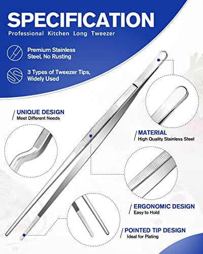 Fine Cooking Tweezers Set, Professional Stainless Steel Food Tongs, Kitchen Black Long Chef Tweezer for Cooking, Plating, Decorating and BBQ (SILVER, 10 inch) - color: Silver, size: 10 inch
