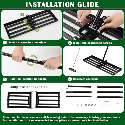 Lawn Leveling Rake, Steel Lawn Leveler with 30"x10" Ground Plate, 78" Adjustable Long Handle, Level Yard Tool for Grass, Golf Field, Level Soil or Dirt Ground, Black