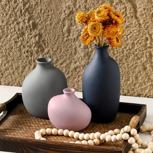 Ceramic Vase Set of 3,Decorative Vases Home Decor, Small Modern Boho Rustic Farmhouse Pottery Vases for Pampas Grass Dried Fresh Flowers,Bedroom,Living Room,Bookshelf, Mantel，Centerpiece Table Decor - color: 9099-2