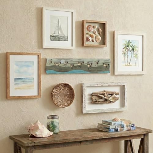 Crab Driftwood Wall Art & DIY Key Holder – Handmade Coastal Home Decor – 17.5" Genuine Weathered Wood Plank with 5 Removable Hooks for Keys, Leashes, and Jewelry – Beach House Entryway Organizer (Crab Parade) - style: Crab Parade
