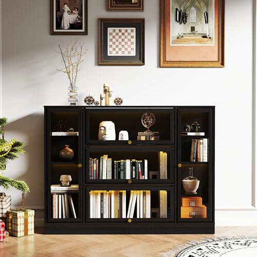 Display Cabinet with Acrylic Glass Doors,Extra Wide Curio Cabinet with LED Lighting for Collectibles, Collectibles Toy Organizers Rack & Display Shelf Display Case, Black - color: Black, size: 56" W x 42" H