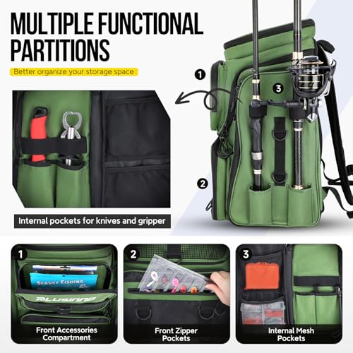 PLUSINNO Fishing Tackle Backpack with Rod Holders，42L Water-resistant Fishing Bag Store Fishing Gear,Fishing Gifts For Men. - color: Green