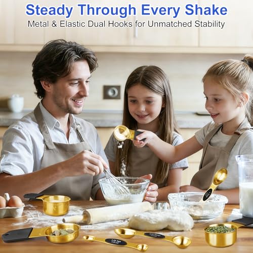 Magnetic Measuring Cups & Spoons Set, Strong N45 Magnets, Heavy Duty Stainless Steel Fits in Spice Jars for Baking & Cooking, BPA Free, Round Set of 15 with Leveler,Gold - color: Measuring Cups & Spoons Set of 15(gold)