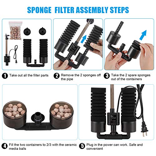 AQQA Aquarium Sponge Water Filter, Power Driven Double Biochemical Filter, Quiet Submersible Foam Filter with 2 Extra Sponges, 1 Bag of Filtered Ceramic Balls for Fresh and Salt Water Fish Tank (L) - size: Large