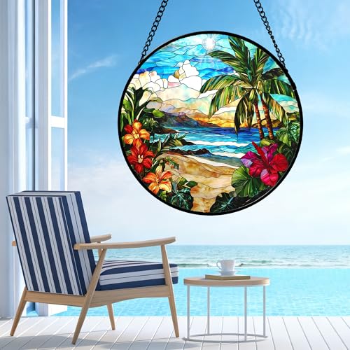 DASTOLL Stained Glass Window Hanging, Blue Beach Scenery Suncatcher Diamond Glass Panel Hangings Sun Catchers Decor for Birthday for Women, Men, Wife, Aunt, and Mom 9.8 in - color: Blue-green, size: 9.8x9.8 IN