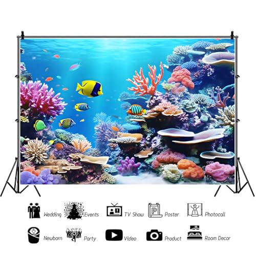 Renaiss 6x4ft Under Sea World Backdrop Colorful Marine Coral Fishes Underwater Creatures Photography Background Aquarium Photo Background Kids Children Summer Party Studio Portrait Photo Props - size: 6x4ft