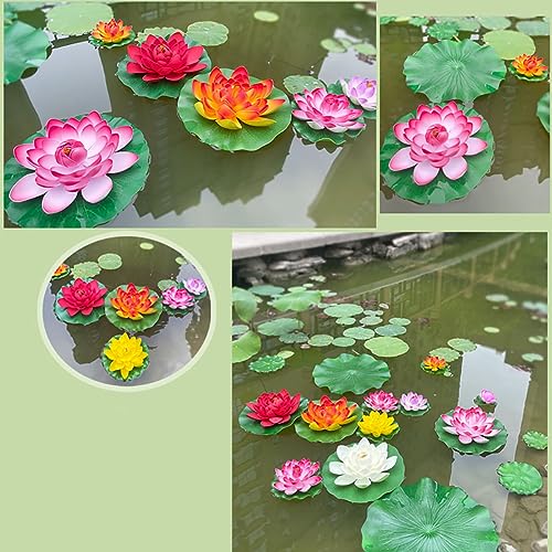 GSHLLO 6 Pcs Artificial Foam Lotus Faux Water Lily Flowers Floating Pond Plants Decoration Realistic Lotus Lily Pad Ornaments for Pool Aquarium White