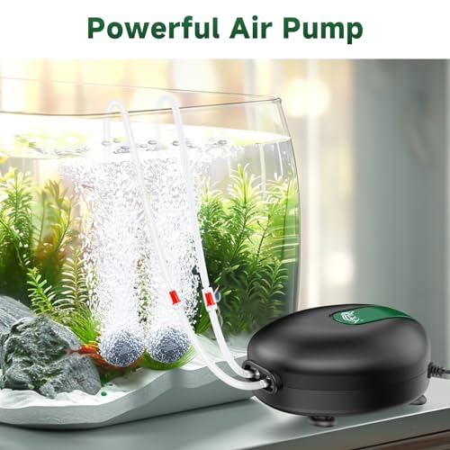 AQQA Aquarium Air Pump Whisper Oxygen Aerator Powerful Fish Tank Air Pump Dual Outlets Adjustable Airflow Bubblers with Air Stone Tubes Check Valves (8W for Up to 160Gal Tank)