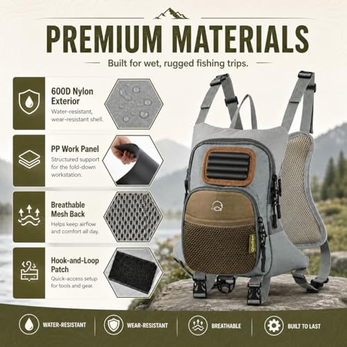 Qiullen Fly Fishing Chest Pack,Waterproof Tackle Bag with Zip-Down Workstation,Fly Box Storage,Net Holder,Adjustable Straps for Wading and Stream Fishing