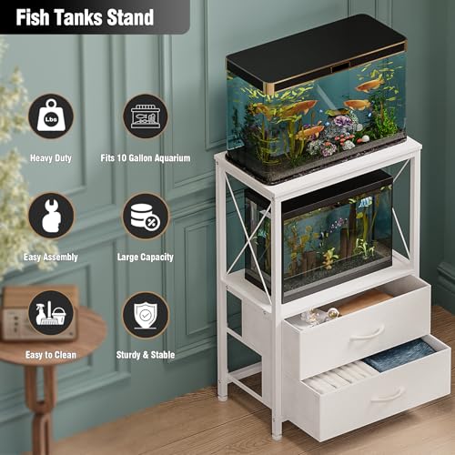 Fish Tank Stand 10 Gallon with 2-Tier Shelf, Aquarium Stand with 2 Drawers, Metal Frame Heavy Duty Reptile/Turtle Tank Stand for Home Office, Fish Tanks Accessories Storage, White - color: White