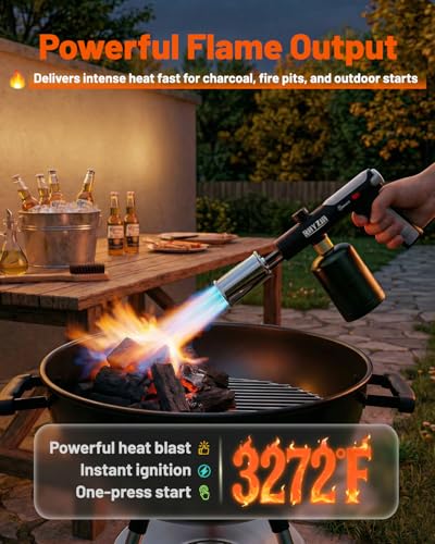 Powerful Propane Torch Gun, Flame Thrower Gun, Blow Torch Gun with Safety Lock, One-Touch Max Flame up to 3272°F/1800°C, Adjustable Fire Starter for Grill, Charcoal, Fire Pit, Fireplace, BBQ, Camping