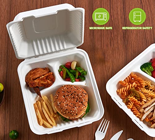ECOLipak 50 Pack Clamshell Take Out Food Containers, 100% Compostable Disposable To Go Containers, 8X8 inch 3-Compartment Heavy-Duty To Go Boxes - color: 8*8 in, 3-Compartment,50Pack