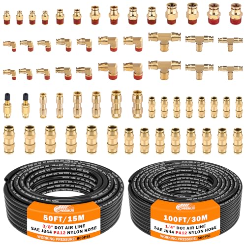 CheeMuii 64 PCS Brass DOT Air Line Fittings with 100FT 1/4" and 50FT 3/8" DOT Air Line Kit Push Lock Quick Connect & NPT Thread Fittings with Pneumatic Tubing Set - size: 2ROLL-67PCS