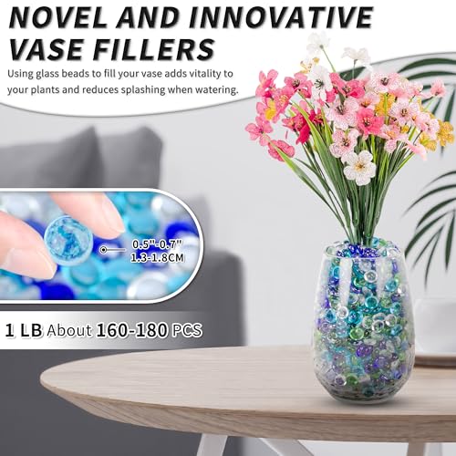 1 LB Flat Glass Beads, 150PCS Small Glass Marbles, Mini Flat Round Pebbles for Vase Filler and Floral, Fish Tank Rocks Decorative Gemstones for Home and Aquarium Décor,Mixed Green and Blue - color: Green-blue