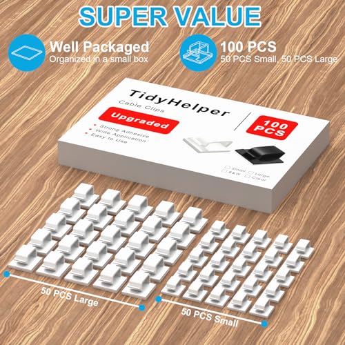 100 PCS Adhesive Cable Clips White (Small & Large), Upgraded Wall Wire Holder for Cord Organizer Cable Management, Outdoor Light Clips Hooks for LED, Car Dash Cam, HDMI, Extension Cord - color: White, size: Small&Large