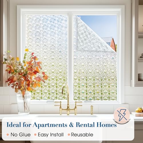 Windimiley 3D Diamond Frosted Window Privacy Film, Static Cling Decorative Glass Covering, No Glue Removable Vinyl, UV Blocking Heat Control for Bathroom Bedroom Door, 11.8 x 78.7 inch