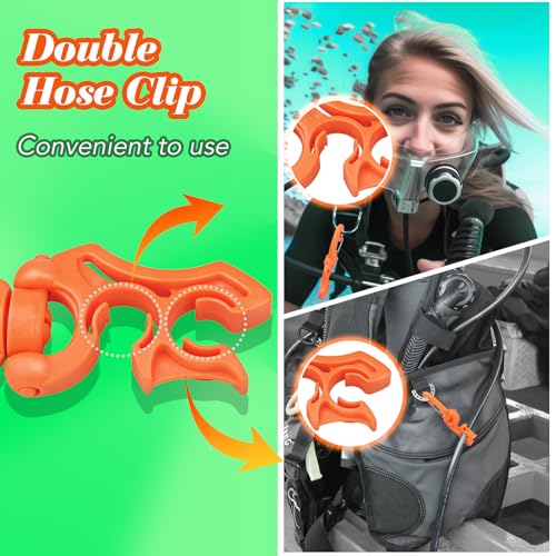3 Pieces Scuba Hose Holder Clip, Double BCD Hose Diving Clips with Snap Hook Buckle for Scuba Diving Snorkeling Equipment Accessories - color: Orange
