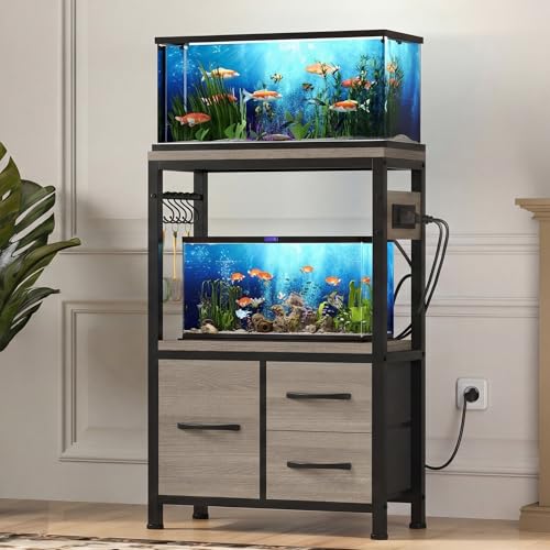 Heybly 5-10 Gallon Fish Tank Stand, Aquarium Stand with Drawer, Power Outlet, Heavy Duty Metal Frame, for Fish Tank, Turtle & Reptile Terrarium, 20.5" × 10.2" Top, 200lbs, Rustic Gray HAS002SSG - color: Greige, size: 5-10 gal
