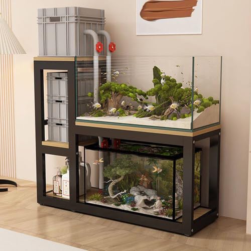 Heavy Duty Metal Frame Aquarium Stand Fish Tank Stand Storage Shelf Multi-Layer Design With Anti-Slip Mat Suitable for Living Room Office and Study Black + Light Walnut 90x115cm/35.4x43.5in - color: Black + Light Walnut, size: 90x115cm/35.4x43.5in