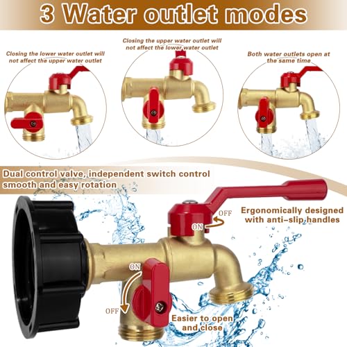 IBC Tote Hose Adapter Dual Outlet Faucets 275-330 Gallon IBC Tote Water Tank Fittings,3/4''NPT to Double 3/4''GHT Outlet Brass Garden Hose Valve with 3 Adapter,Apply to IBC Containers, Ton Barrels - color: Dual Outlet valve