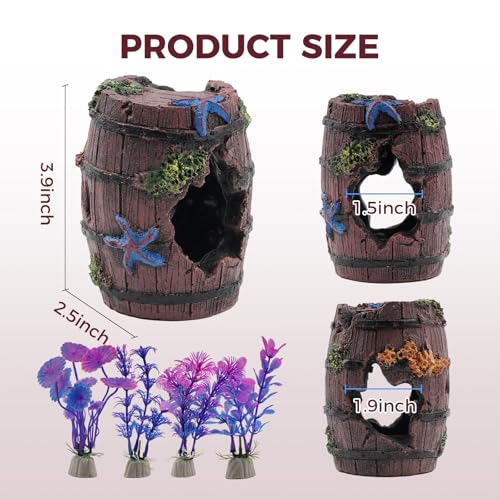 Aquarium Decor for Betta Fish Tanks, Tank Accessories, Starfish Barrel x 1 pcs, Aquarium Plants x 4 pcs