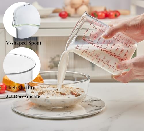 High Borosilicate Glass Measuring Cup-V-Shaped Spout，Glass Measuring Beaker for Kitchen or Restaurant, Easy to Read, 1000 ML (32 Oz, 4Cup) - size: 4Cup,1000ML