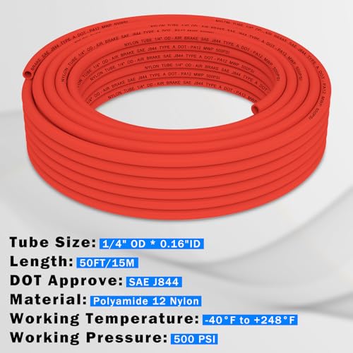 CheeMuii 50 FT 1/4" DOT Air Line Red 1/4 PA12 Nylon Pneumatic Tubing 15.2 Meter 1/4 Inch OD Pneumatic Air Tubing Pipe Hose Line for Semi Truck Trailer or Industrial Air System - color: Red, size: 1/4"OD-50FT