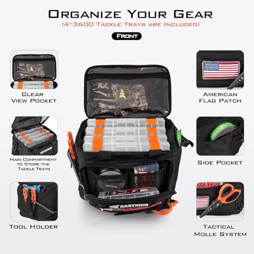 KastKing Karryall Fishing Tackle Bags with 4 * 3600 Tackle Trays - Saltwater & Freshwater Fishing Gear Storage - color: Black, size: Medium - 4*3600 Trays