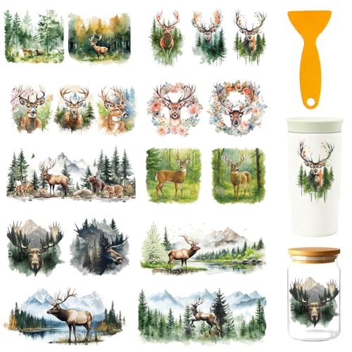 18 Pcs Deer UV DTF Cup Wraps for 16OZ Glass, 4.3 x 9.4 Inch Animals Forest UV DTF Transfer Stickers Waterproof Rub on Transfer Decals for Glass Bottle Vase Furniture Crafts - style: Deer