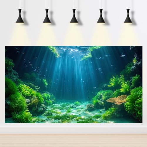 2 Packs Ocean Floor Seabed Aquarium Background Underwater World Aquatic Plants Coral Reef Fish Tank Background Under The Sea Cave Rock with Moss Sunrays Aquarium Fish Tank Backgrounds 24x12in - color: Moss Green, size: 24(W)x12(H)inches/ 60(W)*30cm(H)