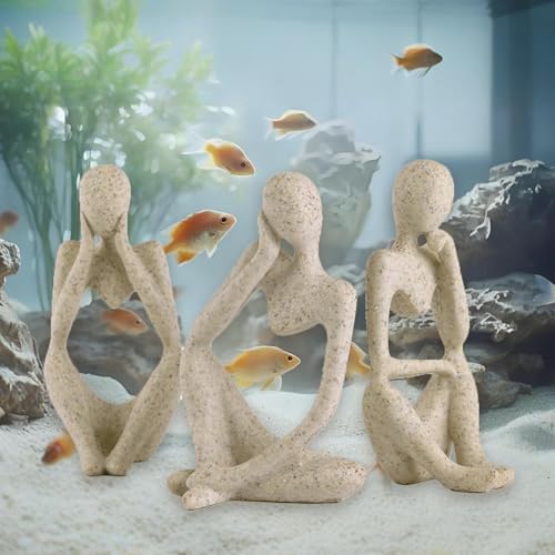 3 Pcs Fish Aquarium Decor Ornaments Minimalist Sandstone Thinker Statue Fish Tank Decorations Small Accessories Resin Abstract Home Decor Fish Toy for Betta Cichlid Goldfish Shrimps Hermit Crabs - color: 3 Pcs Thinker Statue