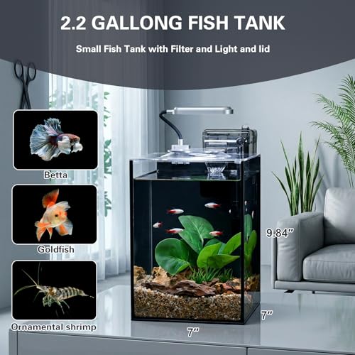 2.2 Gallon Small Aquarium Set Glass Fish Tank,Desktop Small Aquarium Kit for Beginners and Children to Keep Betta Fish, Goldfish, Shrimp, and Aquatic Plants (Black, 2.2 Gallon (Complete Kit)) - size: 2.2 Gallon (Complete Kit)