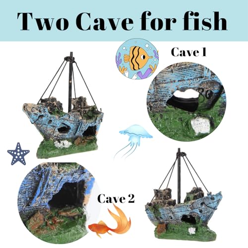 Fish Tank Decorations, Resin Shipwreck Aquarium Decor for Tank, Sunken Ship Aquarium Decorations Large, Betta Fish Tank Accessories, Wrecked Ship Fish Hideout Freshwater Saltwater Tanks