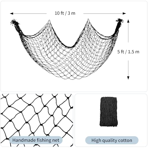 Decorative Fishing Net 5x10 ft, Large Black Picture Display Fish Net, Wall Photo Hanging Fishnet for Nautical Mermaid Pirate Ocean Themed Hawaii Beach Halloween Under The Sea Party Decorations (1PCS) - color: Black, size: 1 Pcs-5x10 Feet