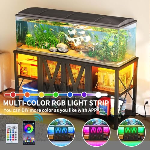 YITAHOME 90-120 Gallon Reptile Tank Stand with Power Outlet & LED Light, Heavy Duty Aquarium Stand w Accessories Storage Cabinet - Metal Fish Tank Stand for Turtle, Reptile, 2000LBS Capacity, Black - color: Black, size: 120 Gallon