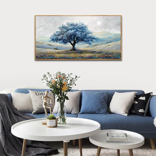 ZUITINGHUA Wood Framed Canvas Wall Art For Living Room Wall Decor For Bedroom Modern Office Wall Decoration Blue Tree Landscape Paintings Farmhouse Pictures Artwork Aesthetic Home Decor 20x40 In - color: Blue Tree Wood Framed, size: 40"L x 20"W
