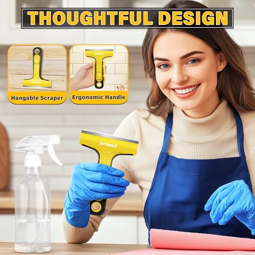DIYSELF 1 Pack Razor Blade Scraper with 10 Extra Razor Blades, Scraper Tool, Glass Scraper for Cleaning, Glass Stove Top Scraper, Window Scraper, Paint, Cooktop, Oven Scraper, Razor Scraper Tool - color: Yellow, size: 10PCS Metal Blades
