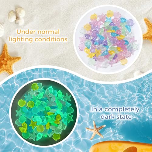 Babenest 4 Styles Acrylic Seashells Gems, 65pcs Glow in The Dark Sensory Bin Fillers for Ocean Sea Shells Beach Theme Party Wedding Decoration Scatter Table Vase Fillers Home DIY Crafts - color: Seashells, size: Noctilucent