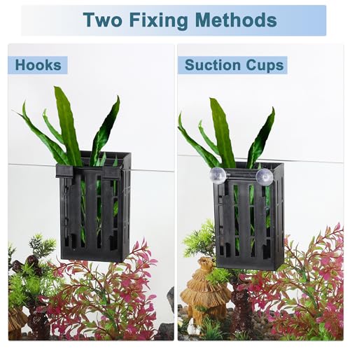 Aquarium Plant Holder, Fish Tank Plant Holder, Aquarium Plant Holder with Hooks and Suction Cups, Aquarium Plant Pots for Hanging Plants and Plant Cultivation, Black, 1 Set - color: Black