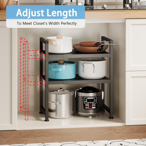 2-Tier Expandable Metal Storage Shelves,150LBS Heavy Duty Shelving Units and Storage For Small Appliance,Adjustable Pots and Pans Organizer Rack Shelf For Kitchen Under Cabinet Pantry Warehouse Garage - color: Black